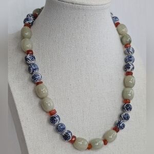 Artisan Jade, Import Bead, & Carnelian Necklace - J013